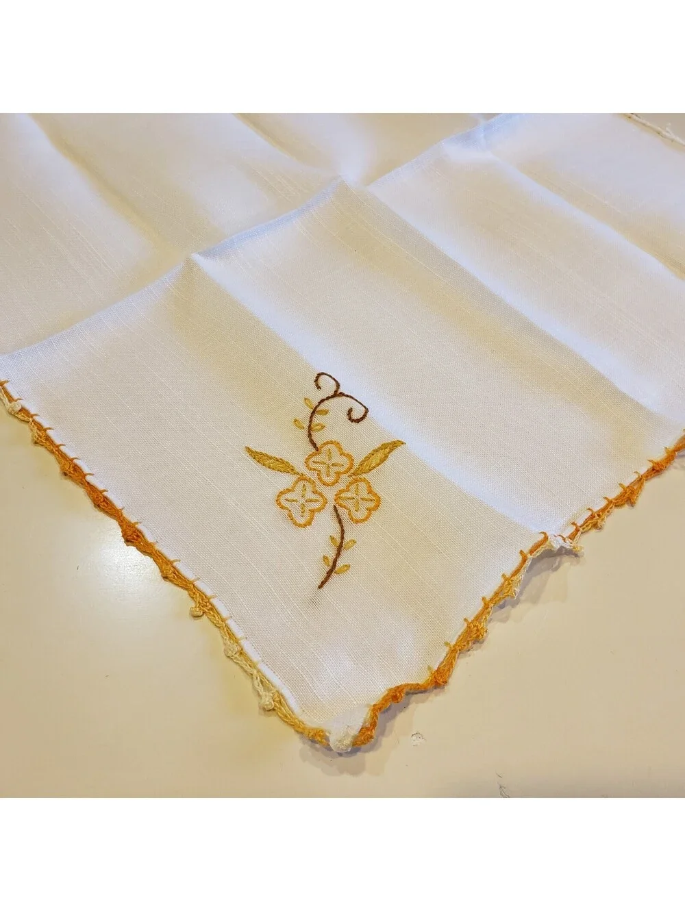 Vintage Linen Napkins Crocheted Embroidered QTY 8 Orange Trim Floral